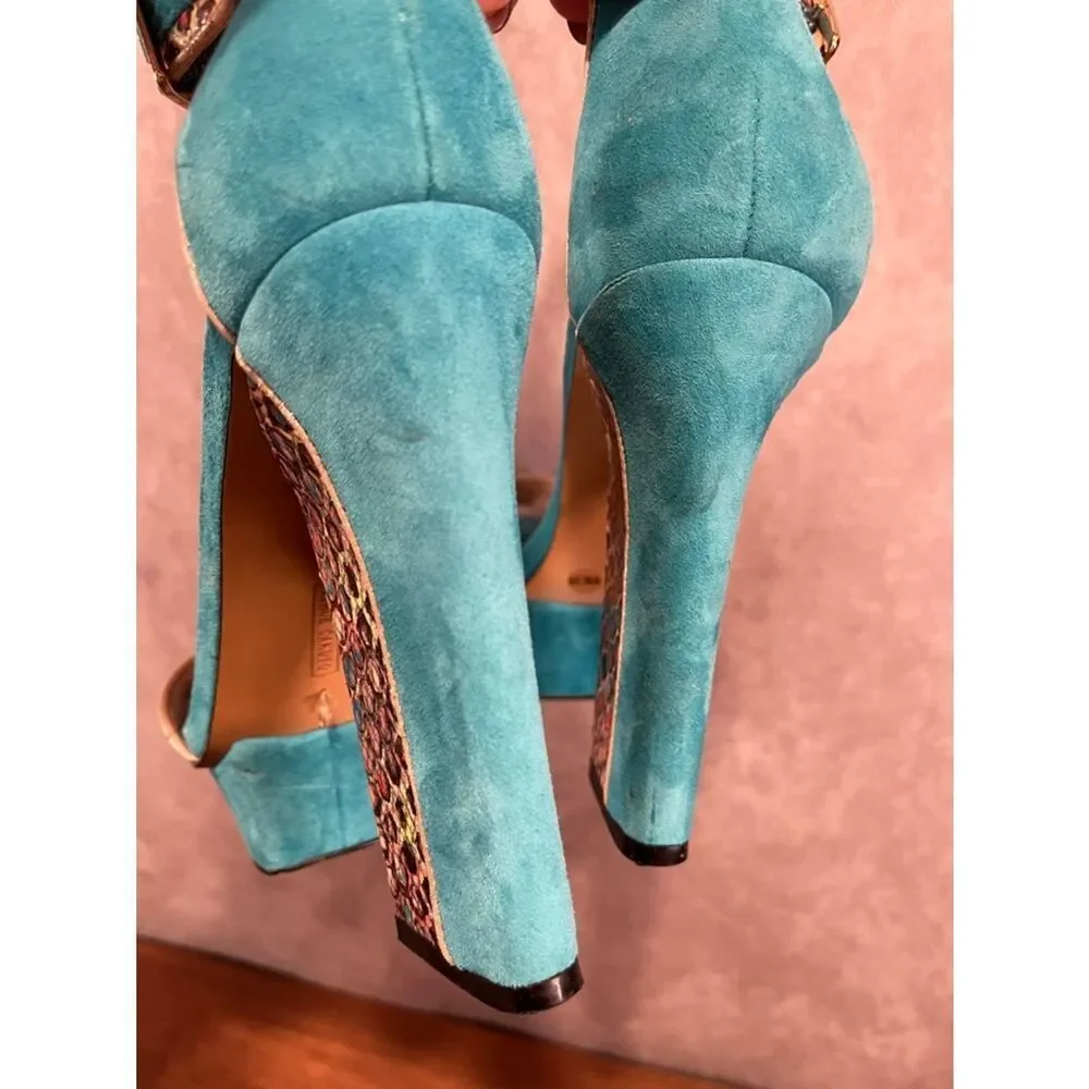 Vince Camuto Turquoise Suede Platform Ankle-Strap Platform Heels size 9
